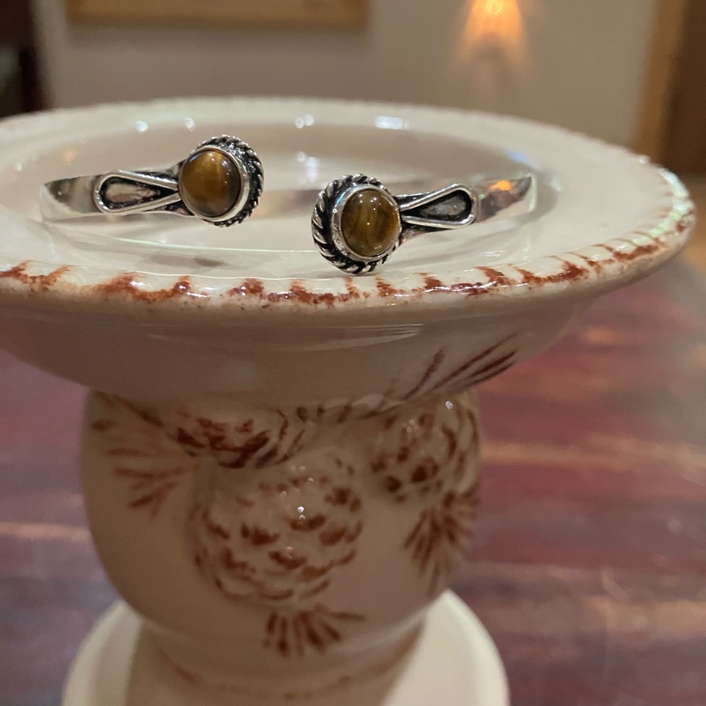Tigers Eye Unisex Natural Stones Silver Tone Arm Cuff / Bracelet